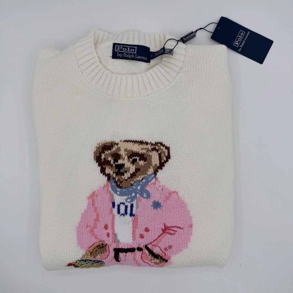 Polo by Ralph Lauren Women's White Sweater with Pink Bear Design